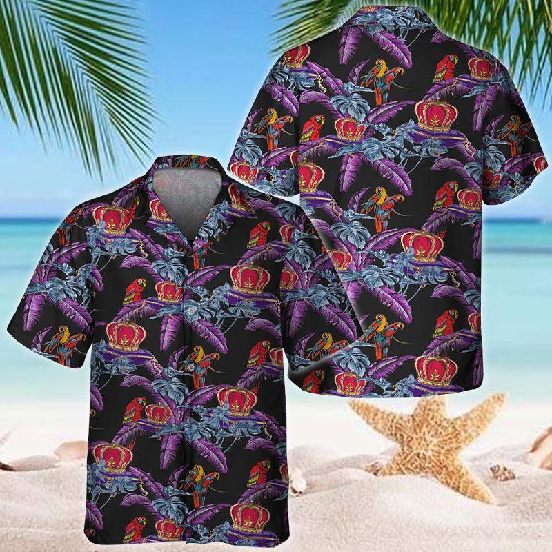 Crown Royal Tropical Leaf Parrot Hawaiian Shirt, Tropical Purple Crown Royal Button Down Hawaiian Shirt, Tropical Crown Royal Summer Aloha Shirt