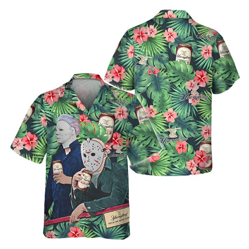 Michael Myers & Jason Voorhees Yuengling Beer Hawaiian Shirt, Yuengling Tropical Floral Aloha Shirts, Yuengling Beer Button Down Hawaiian Shirts