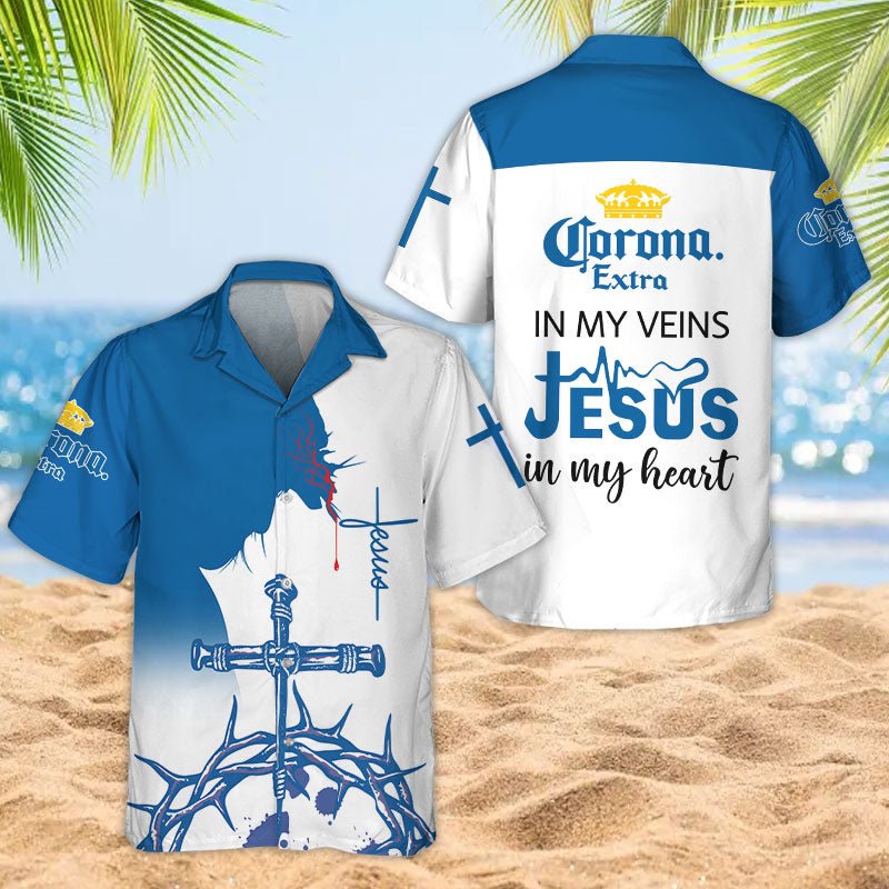 Corona Extra Beer Jesus In My Heart Hawaiian Shirt, Christian Corona Extra Beer Hawaiian Shirt, Corona Extra Logo Print Jesus Christ Aloha Shirt