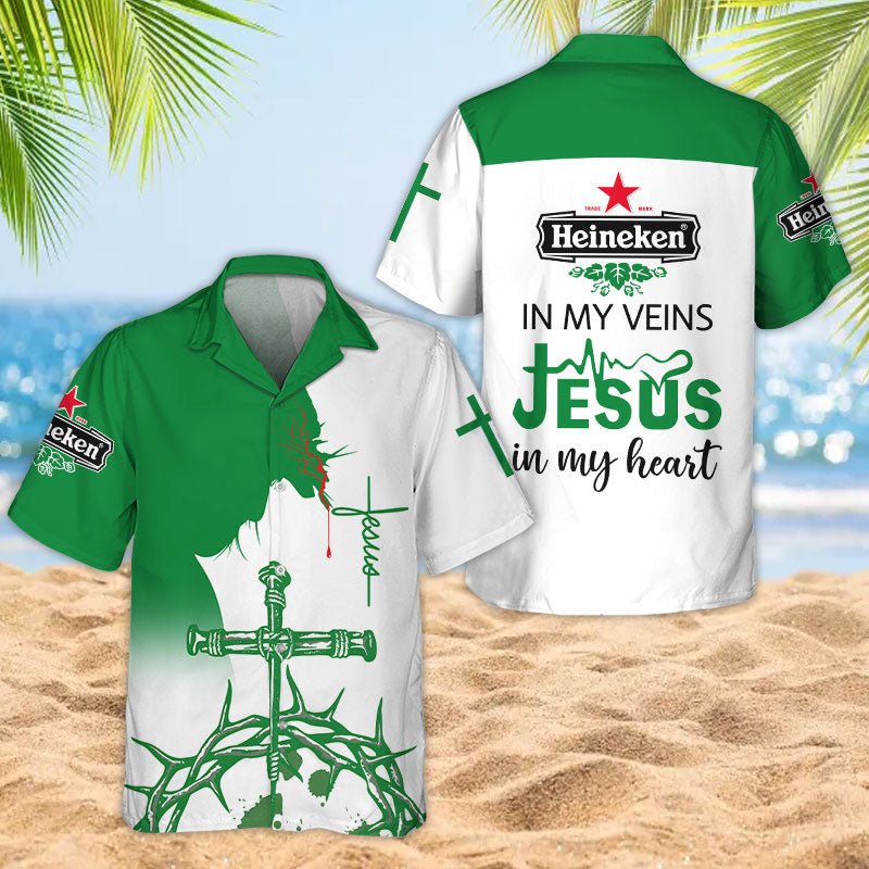 Heineken In My Veins Jesus In My Heart Hawaiian Shirt, Green Christian Heineken Beer Hawaiian Shirt, Heineken Logo Print Jesus Christ Aloha Shirt