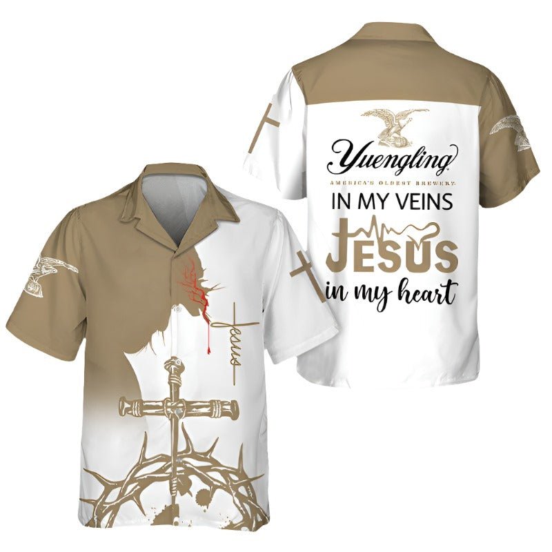 Yuengling In My Veins Jesus In My Heart Hawaiian Shirt, Christian Yuengling Beer Hawaiian Shirt, Jesus Yuengling Button Down Short Sleeve Shirts