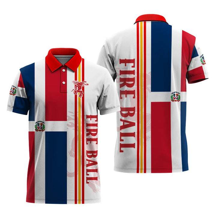 Fireball Whisky Logo Dominican Republic Flag Polo Shirt, Republic Flag Fireball Whisky Polo Shirt, Fireball Dominican Flag Men's Polo Shirt