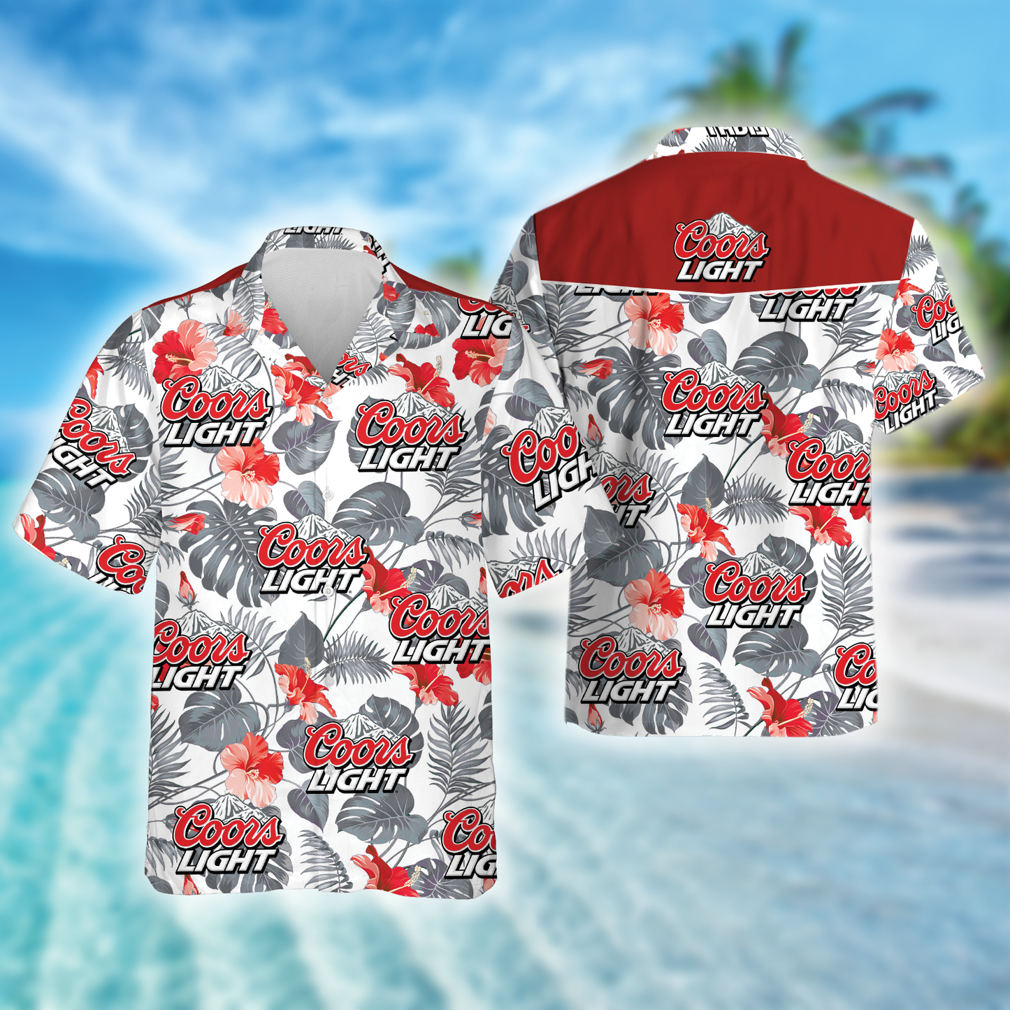 Tropical Red Hibiscus Coors Light Beer Hawaiian Shirt, Coors Light Beer Aloha Summer Beach Shirt, Tropical Coors Light Button Down Hawaiian Shirt