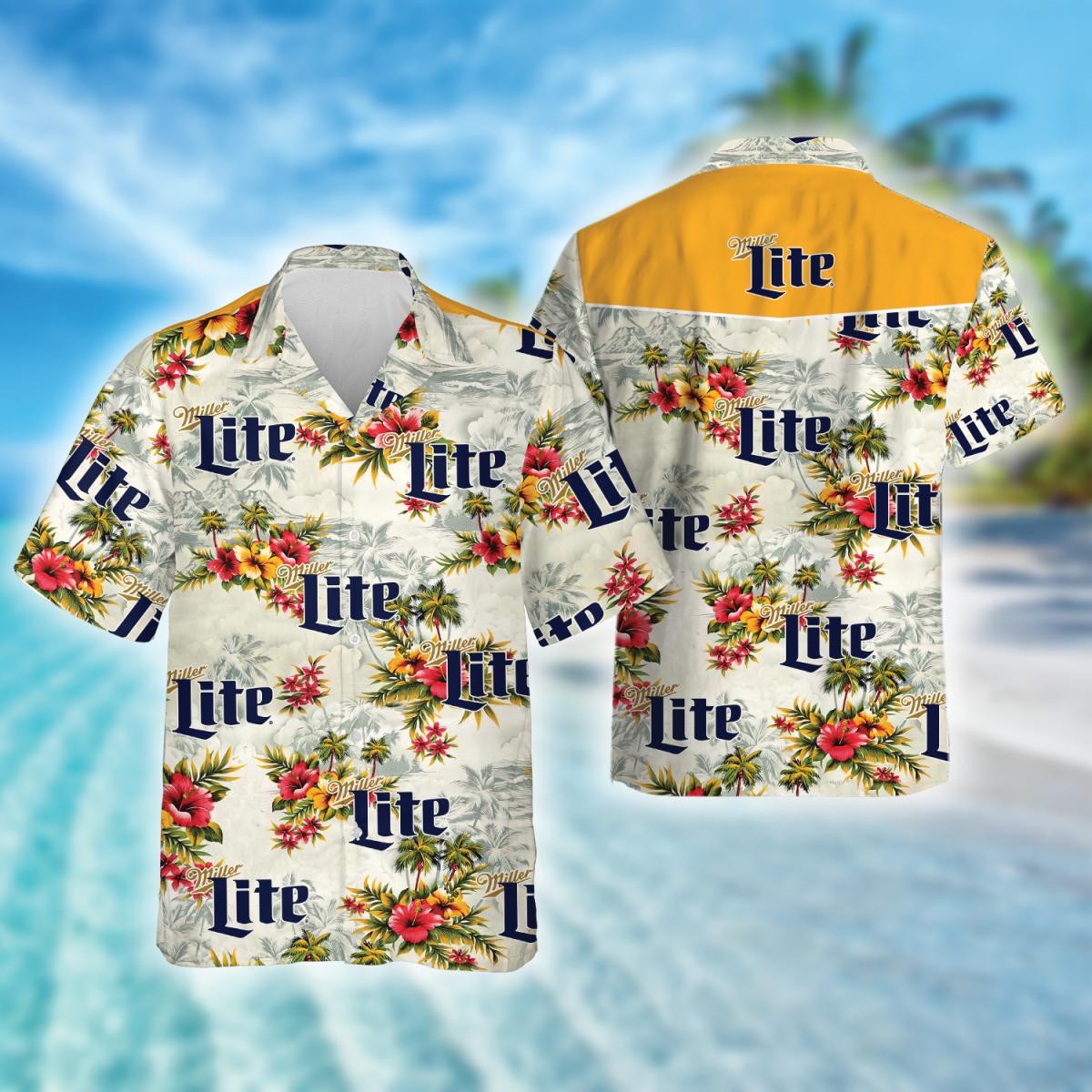 Tropical Flowers Miller Lite Beer Hawaiian Shirt, Miller Lite Beer Aloha Summer Beach Shirt, Miller Lite Logo Printed Button Down Hawaiian Shirt