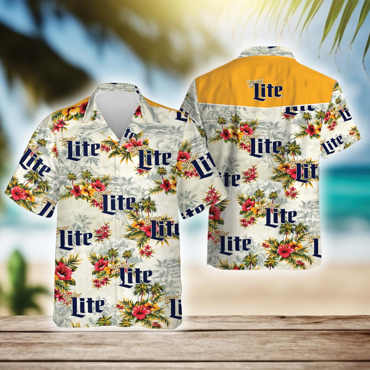 Tropical Flowers Miller Lite Beer Hawaiian Shirt, Miller Lite Beer Aloha Summer Beach Shirt, Miller Lite Logo Printed Button Down Hawaiian Shirt