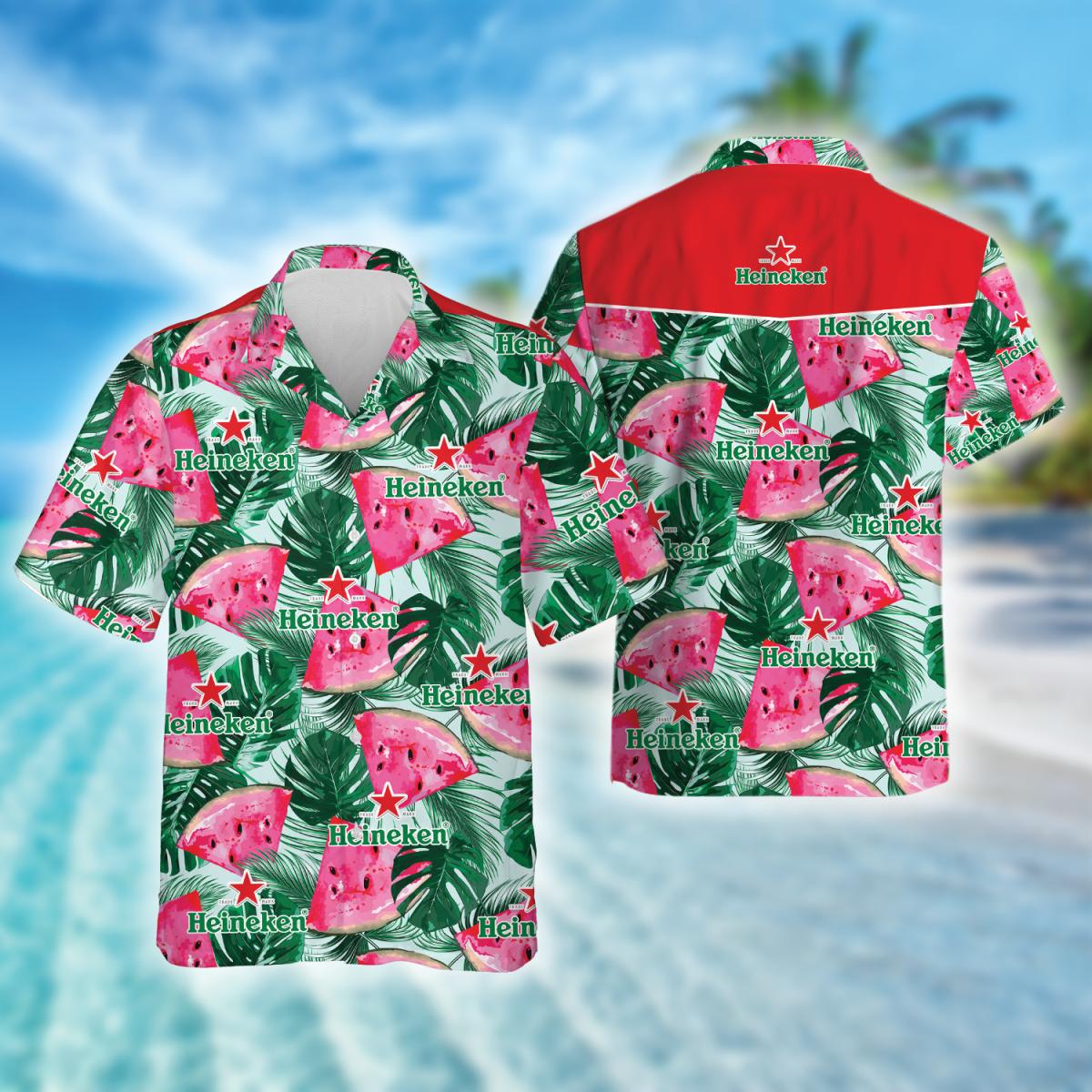 Tropical Leaves Watermelon Heineken Beer Hawaiian Shirt, Heineken Beer Aloha Summer Beach Shirt, Heineken Logo Printed Button Down Hawaiian Shirt