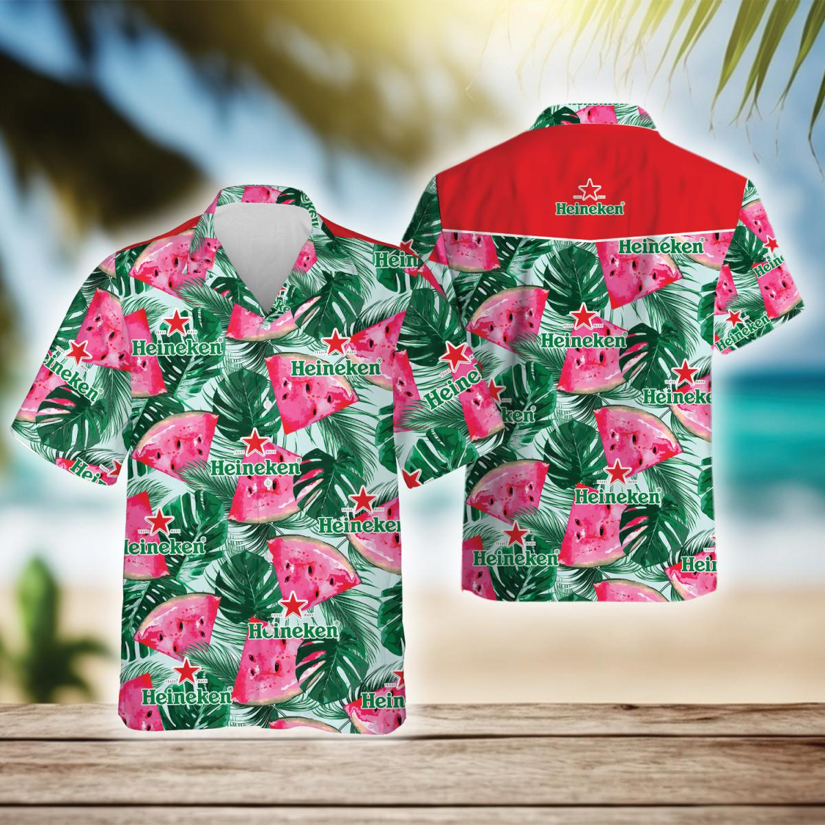 Tropical Leaves Watermelon Heineken Beer Hawaiian Shirt, Heineken Beer Aloha Summer Beach Shirt, Heineken Logo Printed Button Down Hawaiian Shirt