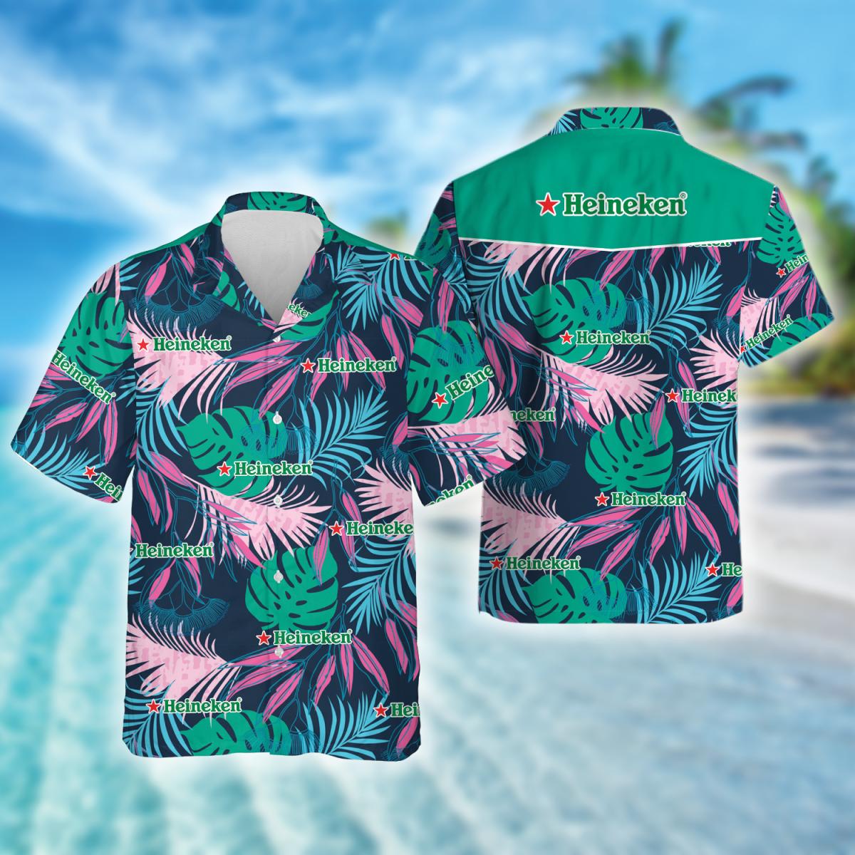 Tropical Palm Leaves Heineken Beer Hawaiian Shirt, Heineken Beer Aloha Summer Beach Shirts, Heineken Logo Printed Button Down Hawaiian Shirt
