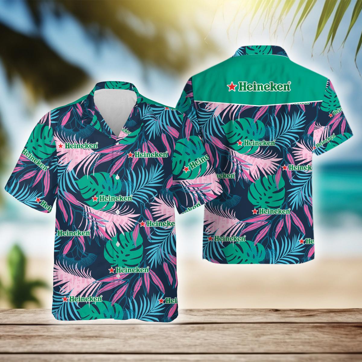 Tropical Palm Leaves Heineken Beer Hawaiian Shirt, Heineken Beer Aloha Summer Beach Shirts, Heineken Logo Printed Button Down Hawaiian Shirt