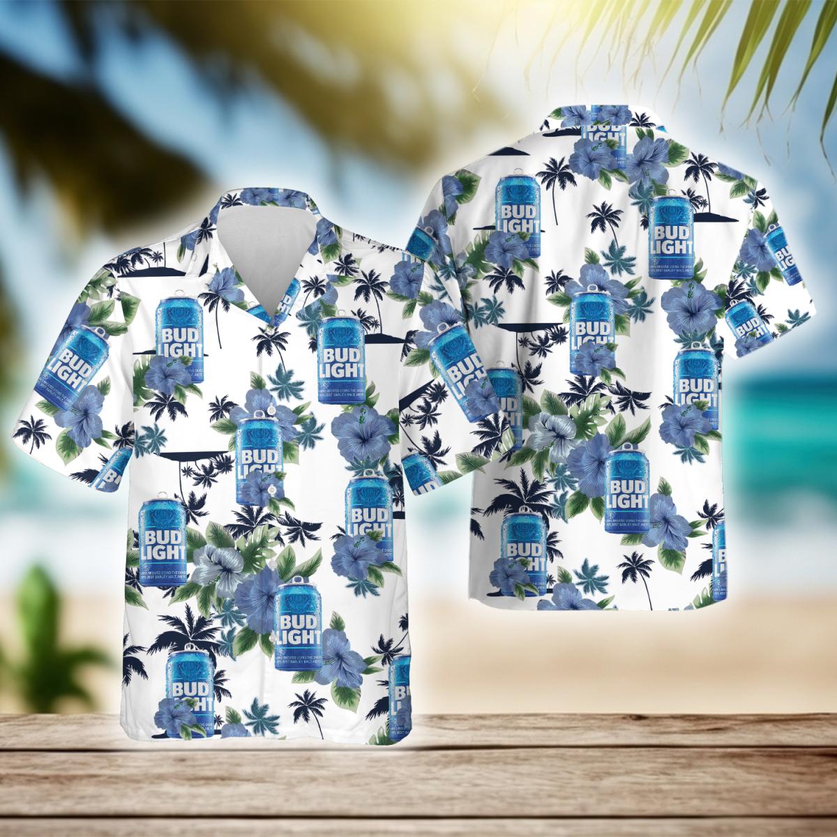 Bud Light Beer Tropical Blue Hibiscus Hawaiian Shirt, Bud Light Beer Aloha Summer Beach Shirt, Tropical Bud Light Beer Button Down Hawaiian Shirt