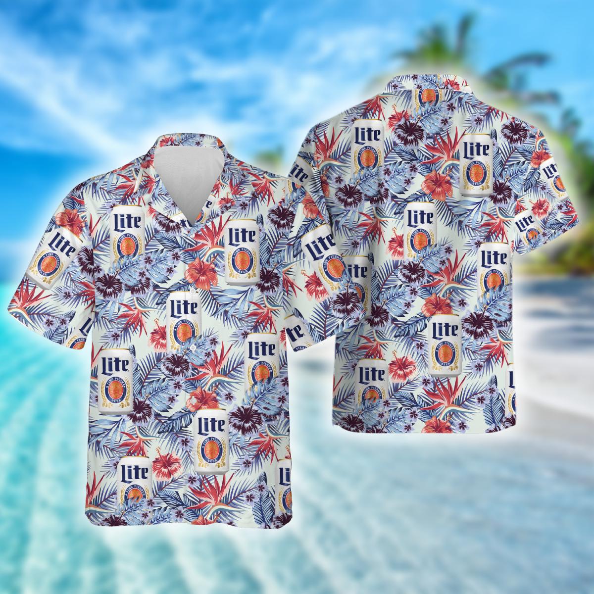 Tropical Floral Pattern Miller Lite Beer Hawaiian Shirt, Miller Lite Beer Aloha Summer Beach Shirt, Miller Lite Beer Button Down Hawaiian Shirt