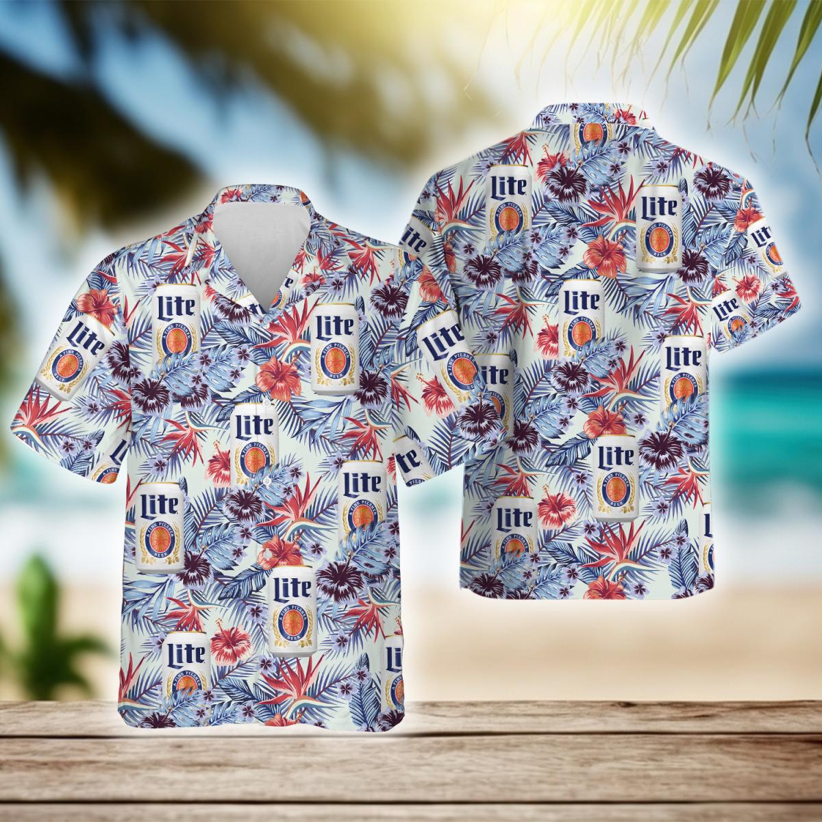 Tropical Floral Pattern Miller Lite Beer Hawaiian Shirt, Miller Lite Beer Aloha Summer Beach Shirt, Miller Lite Beer Button Down Hawaiian Shirt