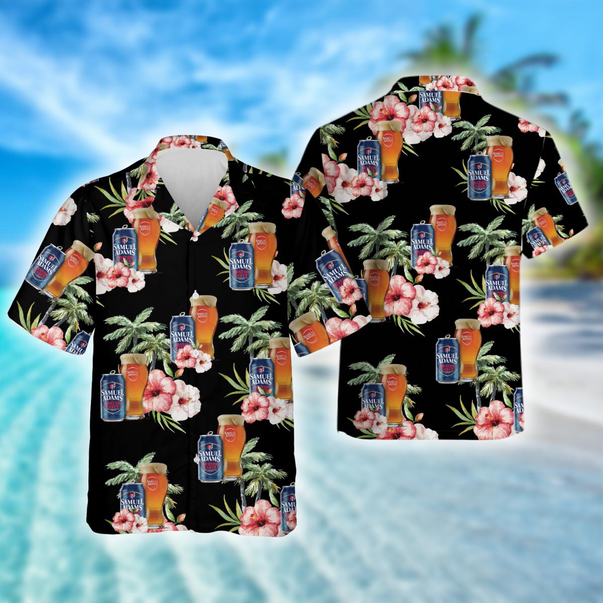Tropical Hibiscus Palm Tree Samuel Adams Beer Hawaiian Shirt, Samuel Adams Beer Aloha Summer Beach Shirt, Samuel Adams Button Down Hawaiian Shirt