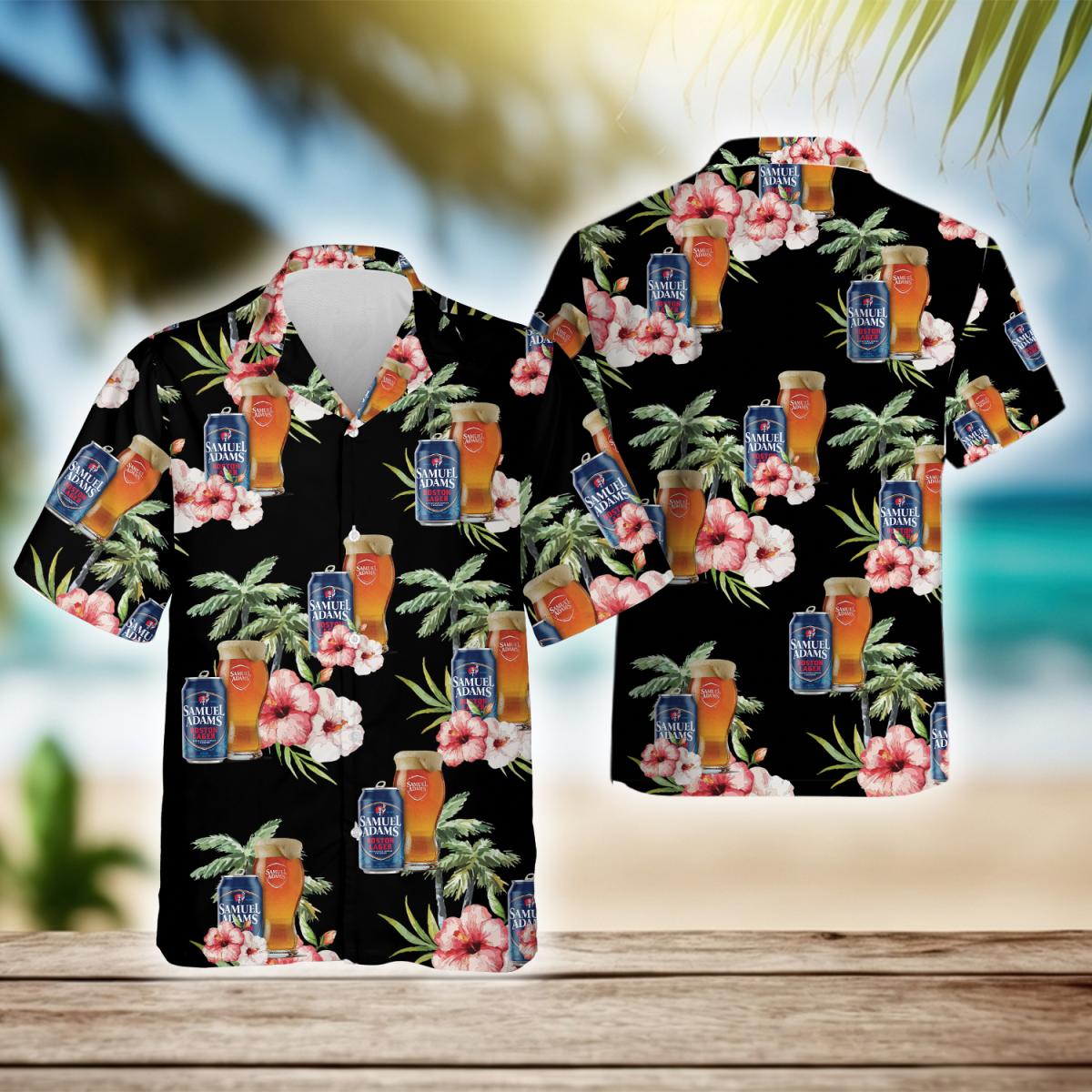 Tropical Hibiscus Palm Tree Samuel Adams Beer Hawaiian Shirt, Samuel Adams Beer Aloha Summer Beach Shirt, Samuel Adams Button Down Hawaiian Shirt