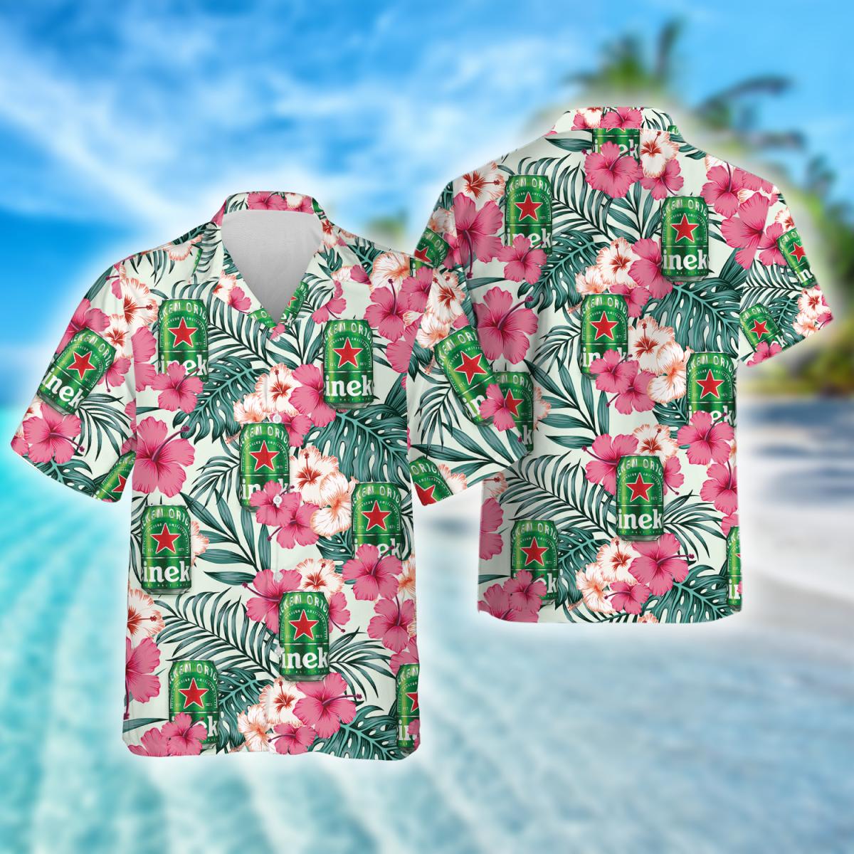 Tropical Hibiscus Flowers Heineken Beer Hawaiian Shirt, Heineken Beer Aloha Summer Beach Shirts, Heineken Beer Button Down Hawaiian Shirts