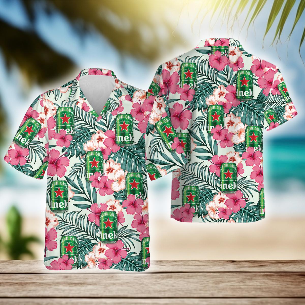 Tropical Hibiscus Flowers Heineken Beer Hawaiian Shirt, Heineken Beer Aloha Summer Beach Shirts, Heineken Beer Button Down Hawaiian Shirts