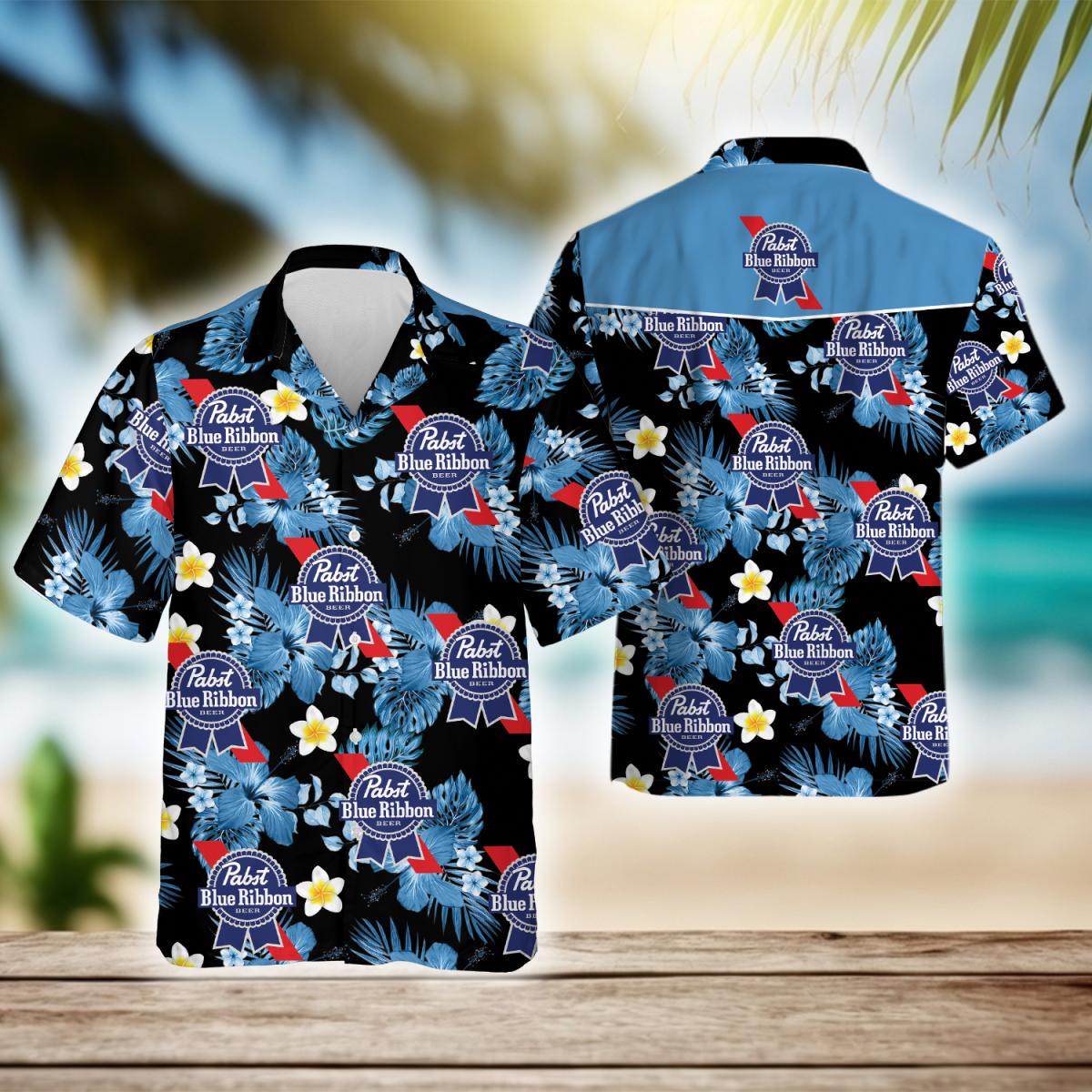 Tropical Hibiscus Pabst Blue Ribbon Beer Hawaiian Shirt, Pbr Beer Logo Aloha Summer Beach Shirt, Pabst Blue Ribbon Button Down Hawaiian Shirts