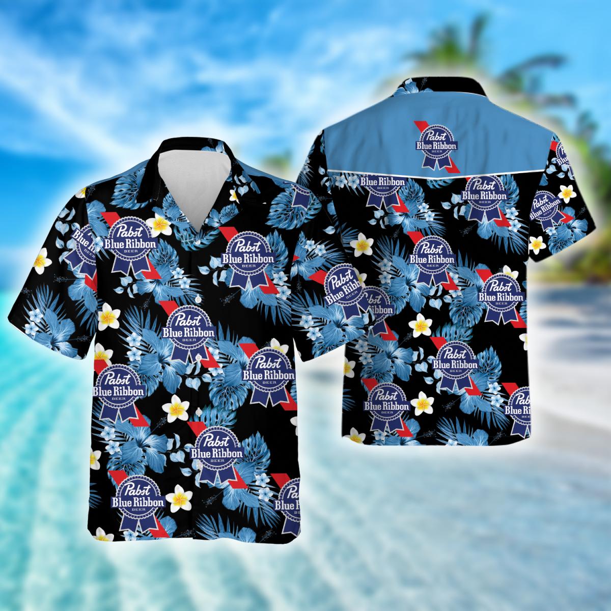 Tropical Hibiscus Pabst Blue Ribbon Beer Hawaiian Shirt, Pbr Beer Logo Aloha Summer Beach Shirt, Pabst Blue Ribbon Button Down Hawaiian Shirts
