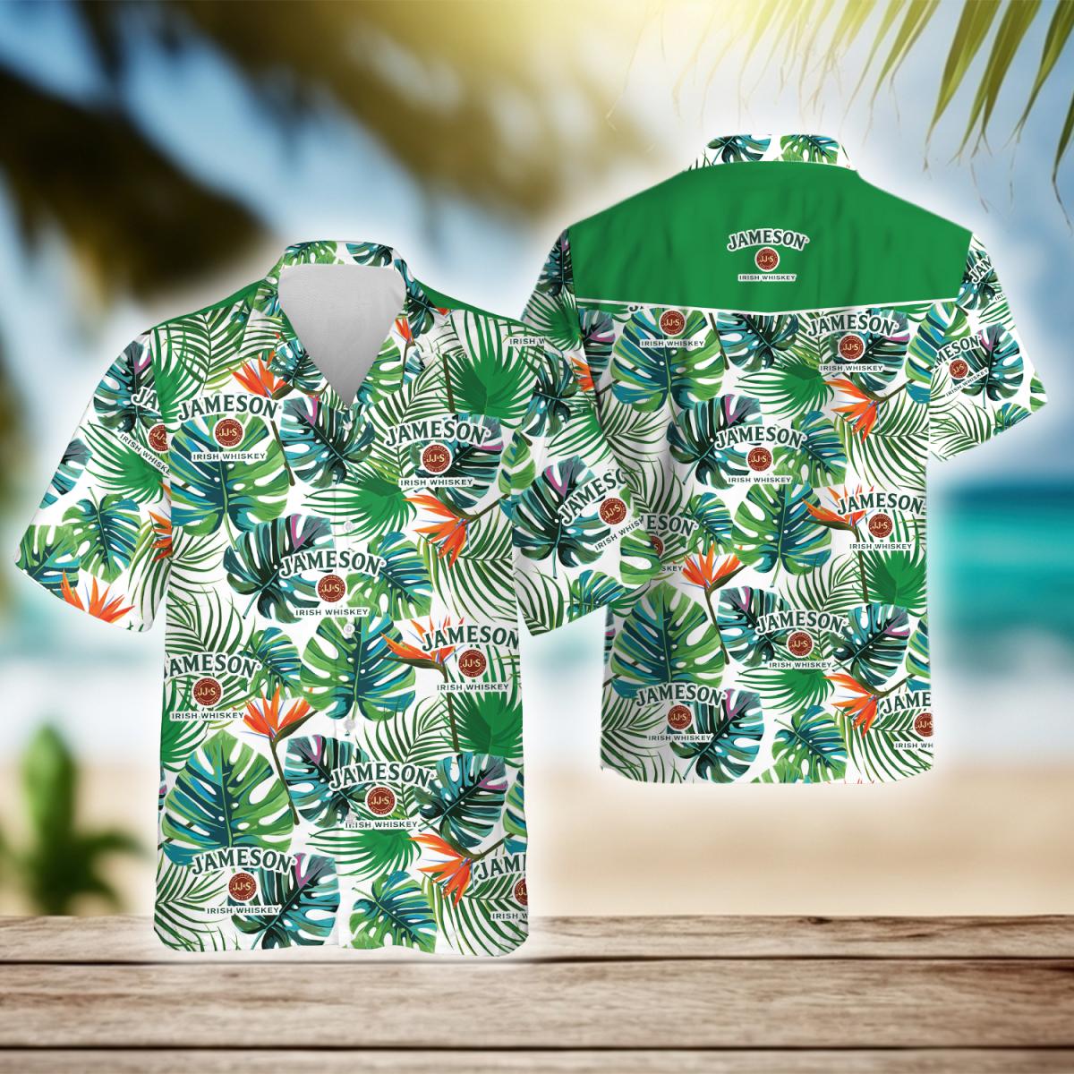 Tropical Monstera Leaf Jameson Whiskey Hawaiian Shirt, Jameson Irish Whiskey Aloha Summer Beach Shirt, Jameson Logo Button Down Hawaiian Shirts