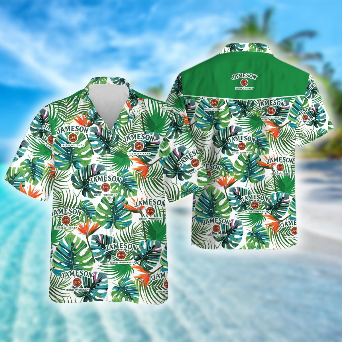 Tropical Monstera Leaf Jameson Whiskey Hawaiian Shirt, Jameson Irish Whiskey Aloha Summer Beach Shirt, Jameson Logo Button Down Hawaiian Shirts