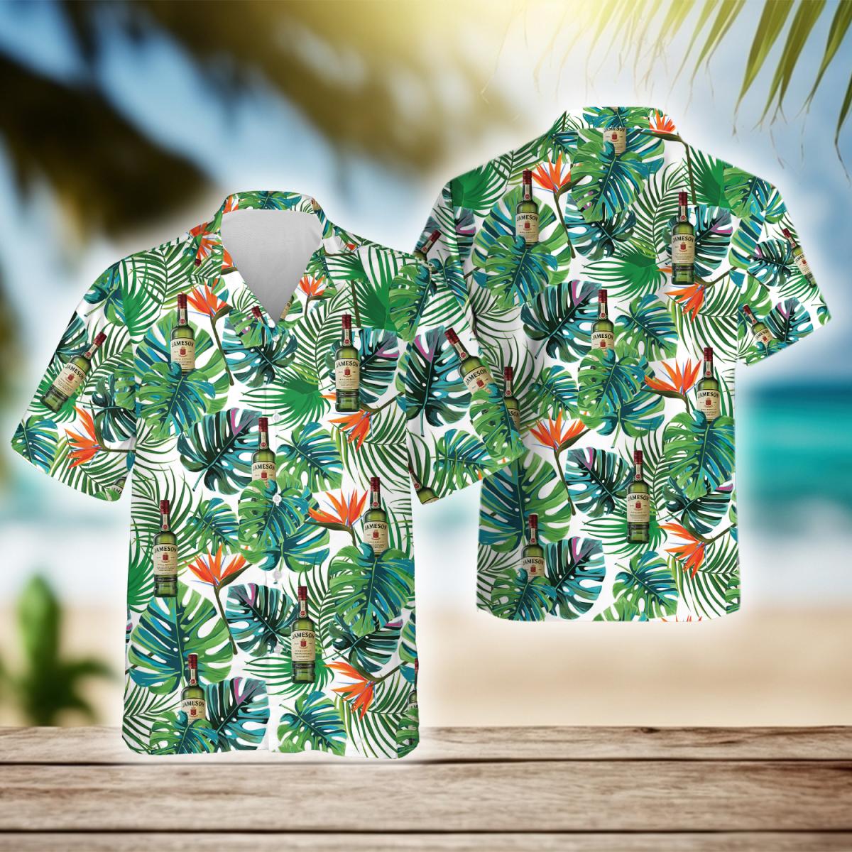 Tropical Monstera Leaf Jameson Whiskey Hawaiian Shirt, Jameson Irish Whiskey Aloha Summer Beach Shirt, Jameson Whiskey Button Down Hawaiian Shirt