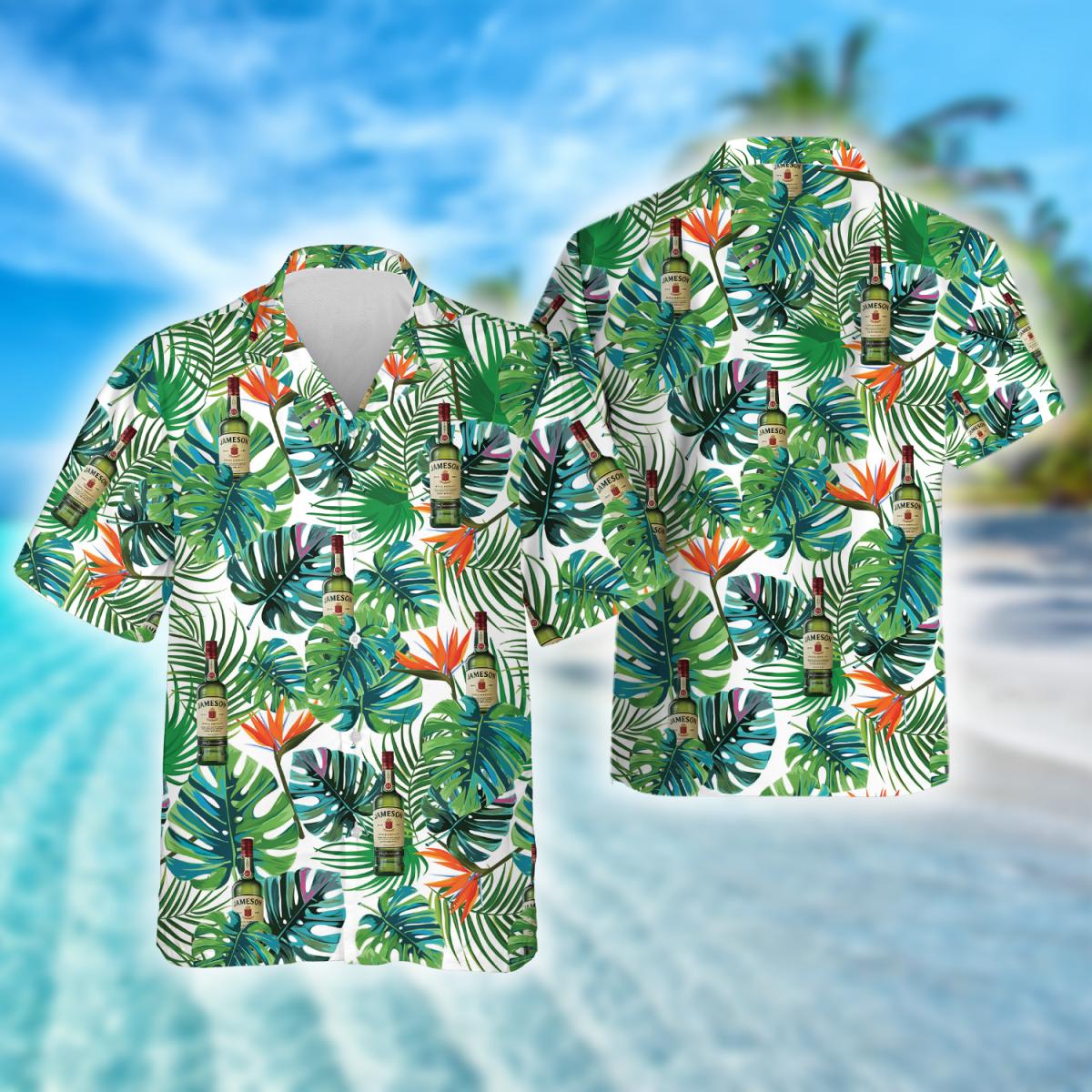Tropical Monstera Leaf Jameson Whiskey Hawaiian Shirt, Jameson Irish Whiskey Aloha Summer Beach Shirt, Jameson Whiskey Button Down Hawaiian Shirt