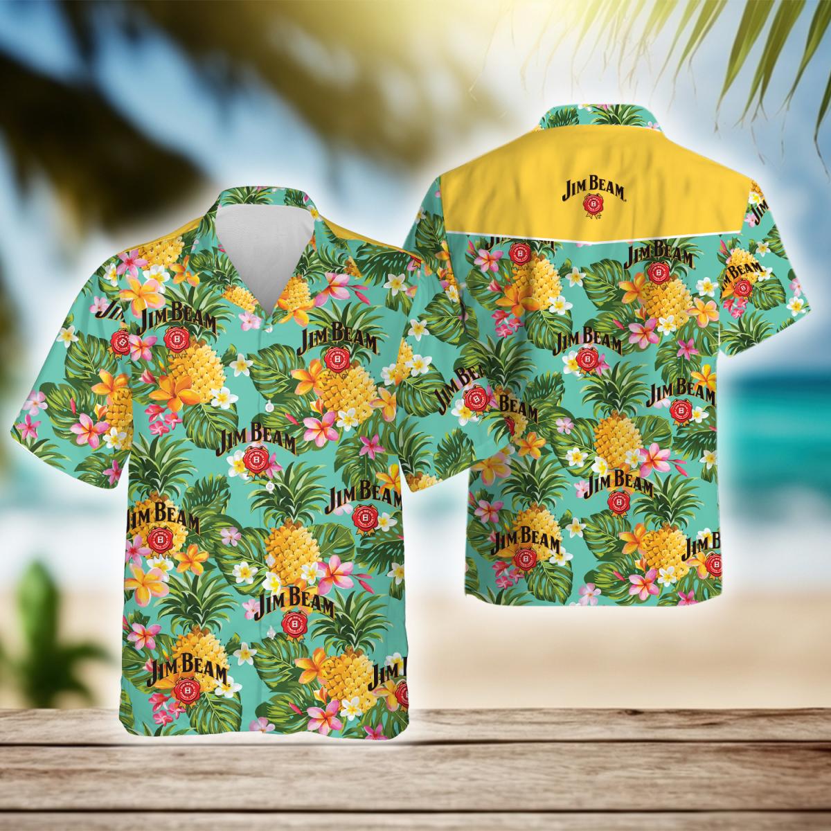 Tropical Pineapple Jim Beam Bourbon Hawaiian Shirt, Jim Beam Logo Printed Aloha Summer Beach Shirts, Jim Beam Whiskey Button Down Hawaiian Shirts