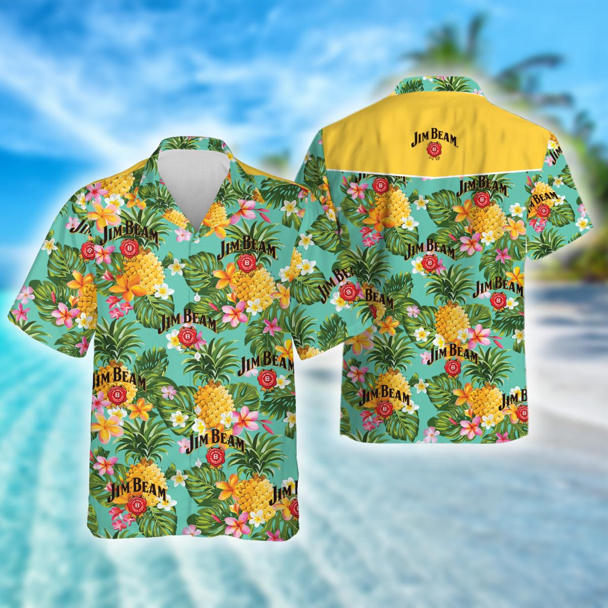 Tropical Pineapple Jim Beam Bourbon Hawaiian Shirt, Jim Beam Logo Printed Aloha Summer Beach Shirts, Jim Beam Whiskey Button Down Hawaiian Shirts