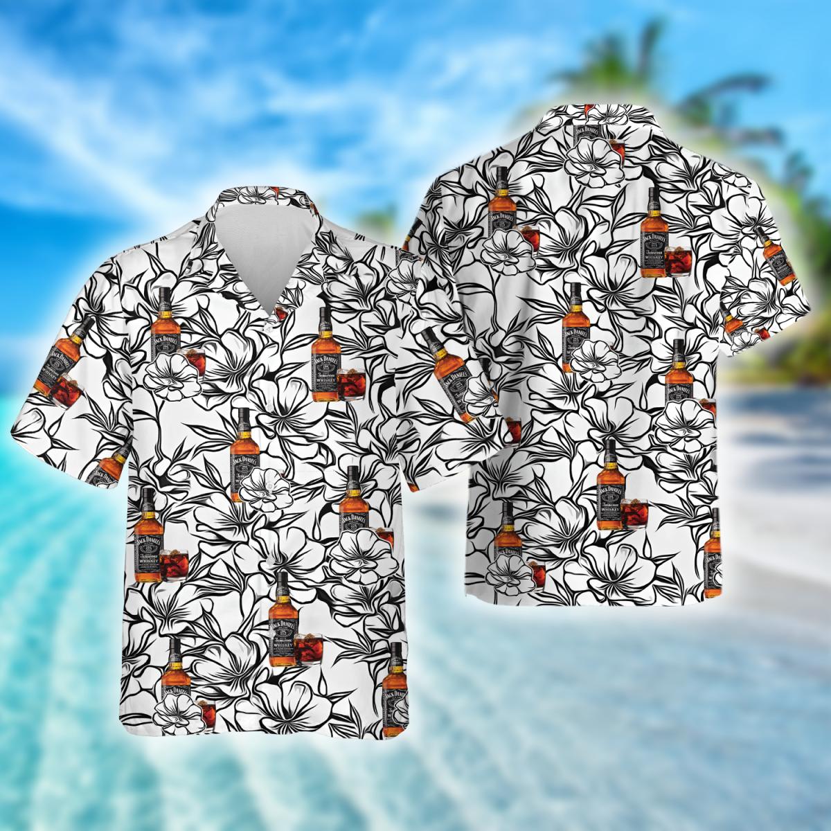Black White Flowers Jack Daniel's Hawaiian Shirt, Jack Daniel's Whiskey Aloha Summer Beach Shirt, Jack Daniel's Button Down Hawaiian Shirts
