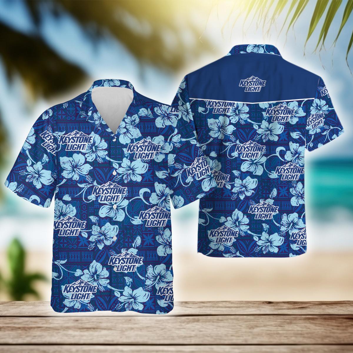 Keystone Light Blue Hibiscus Tribal Pattern Hawaiian Shirt, Keystone Light Aloha Summer Beach Shirt, Keystone Light Logo Button Up Hawaiian Shirt