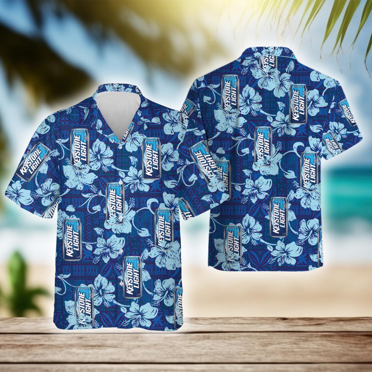 Keystone Light Blue Hibiscus Tribal Pattern Hawaiian Shirt, Keystone Light Aloha Summer Beach Shirt, Keystone Light Beer Button Up Hawaiian Shirt