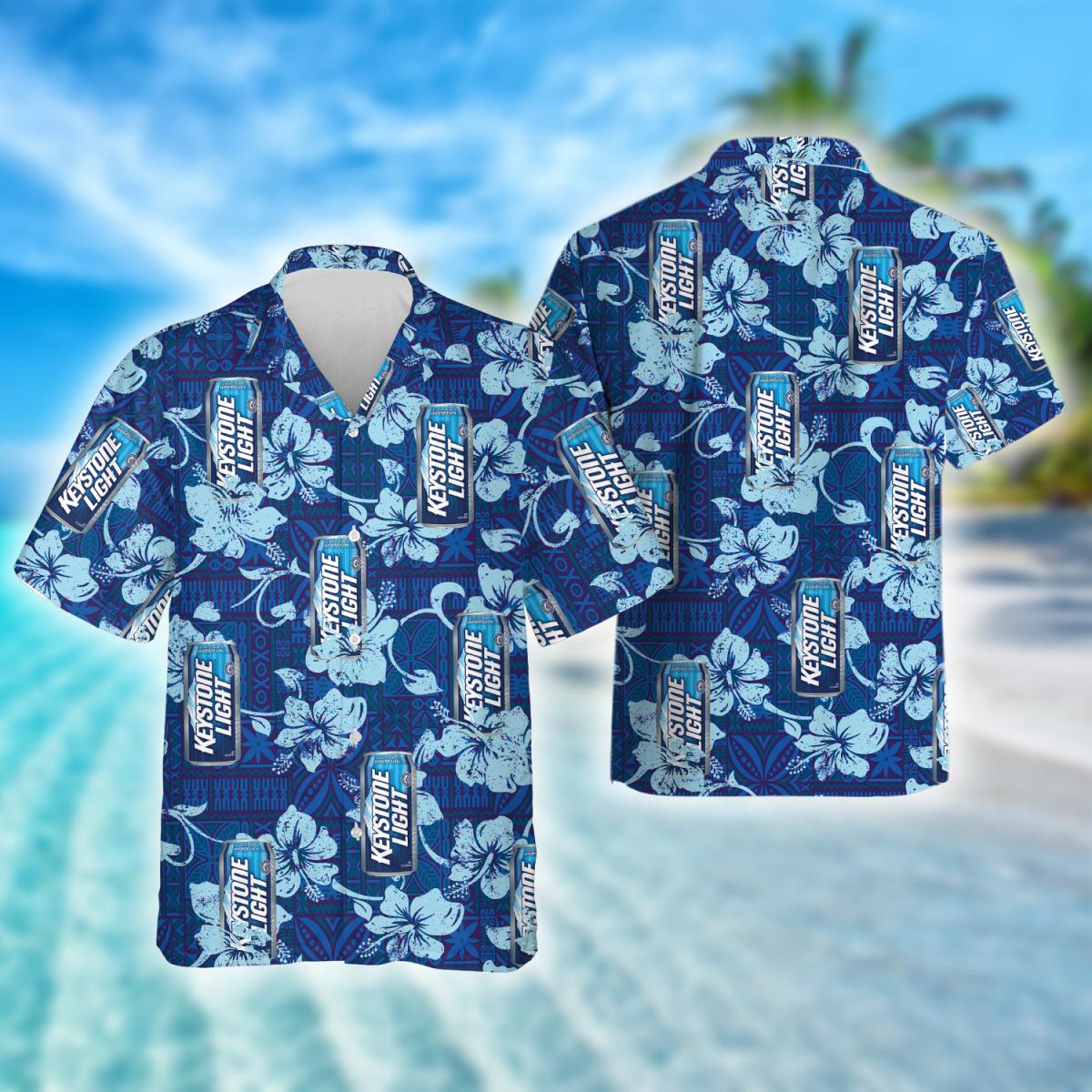 Keystone Light Blue Hibiscus Tribal Pattern Hawaiian Shirt, Keystone Light Aloha Summer Beach Shirt, Keystone Light Beer Button Up Hawaiian Shirt