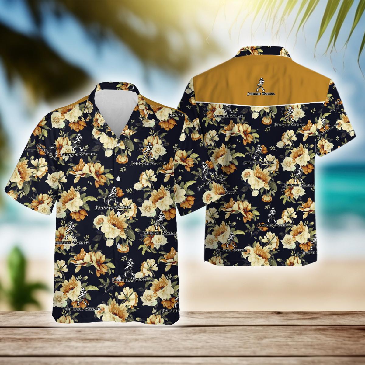 Vintage Flowers Johnnie Walker Whisky Hawaiian Shirt, Johnnie Walker Logo Aloha Summer Shirts, Johnnie Walker Whisky Button Up Hawaiian Shirt