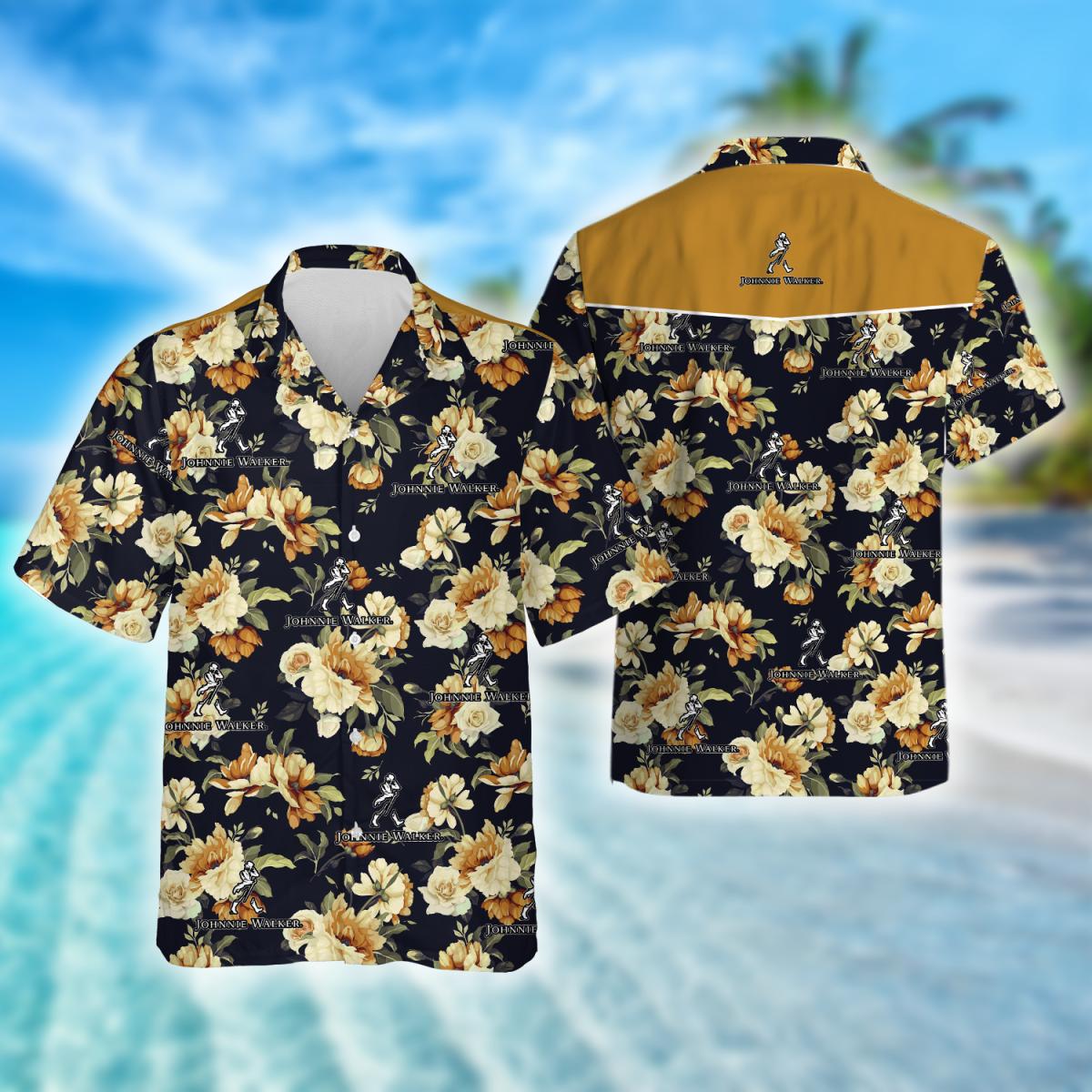 Vintage Flowers Johnnie Walker Whisky Hawaiian Shirt, Johnnie Walker Logo Aloha Summer Shirts, Johnnie Walker Whisky Button Up Hawaiian Shirt