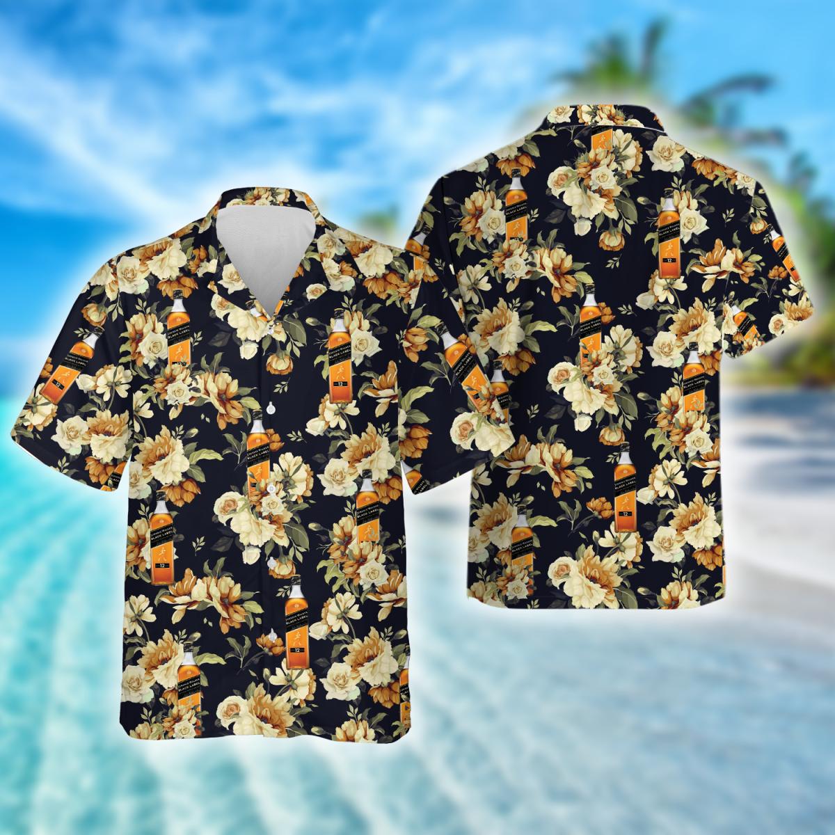 Vintage Flowers Johnnie Walker Whisky Hawaiian Shirt, Johnnie Walker Whisky Aloha Summer Shirts, Johnnie Walker Whisky Button Up Hawaiian Shirt