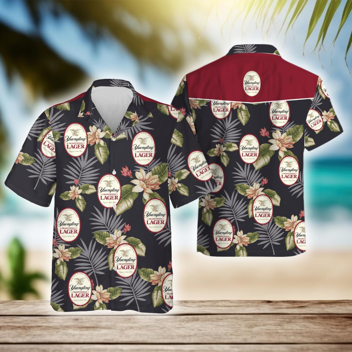 Vintage Tropical Floral Yuengling Beer Hawaiian Shirt, Yuengling Logo Prints Aloha Summer Beach Shirts, Yuengling Beer Button Down Hawaiian Shirt