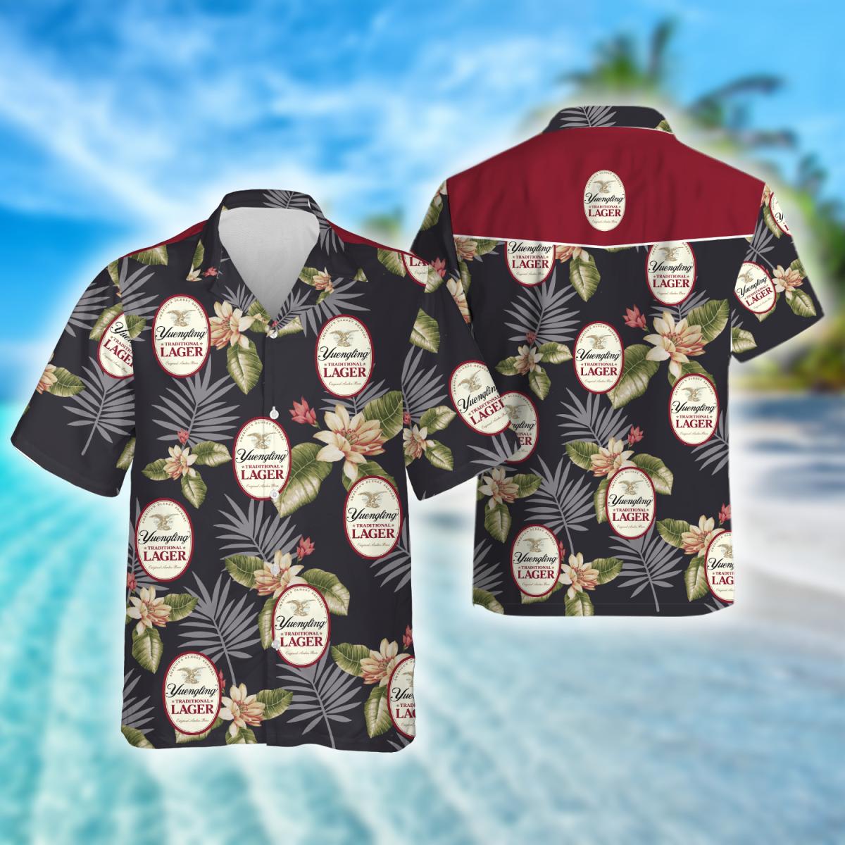 Vintage Tropical Floral Yuengling Beer Hawaiian Shirt, Yuengling Logo Prints Aloha Summer Beach Shirts, Yuengling Beer Button Down Hawaiian Shirt