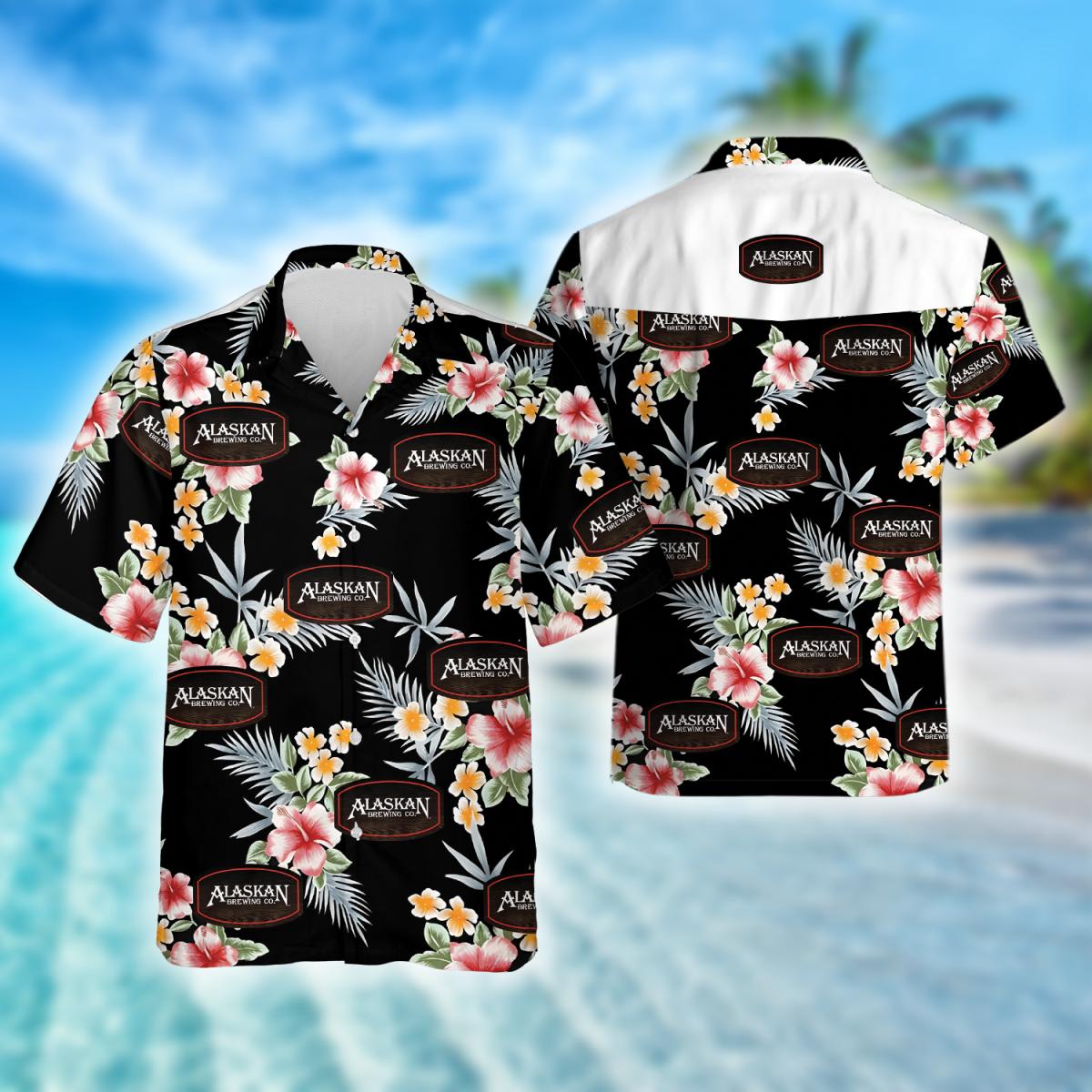 Tropical Floral Alaskan Brewing Hawaiian Shirt, Alaskan Brewing Logo Prints Aloha Summer Beach Shirts, Alaskan Brewing Button Down Hawaiian Shirt