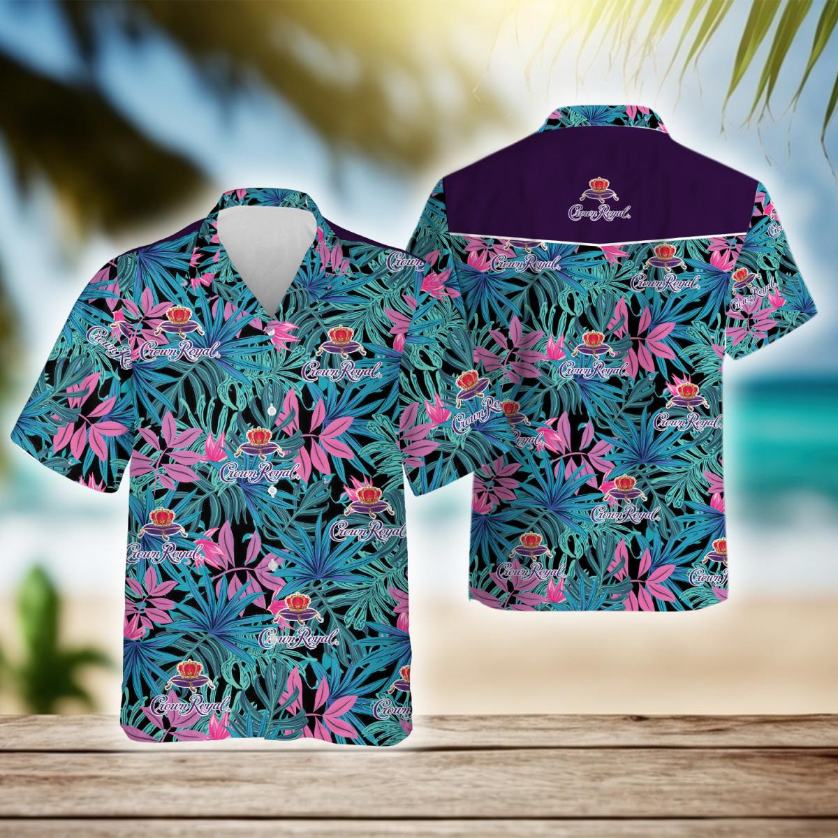 Tropical Leaves Pattern Crown Royal Whisky Hawaiian Shirt, Crown Royal Logo Aloha Summer Beach Shirts, Crown Royal Button Down Hawaiian Shirt