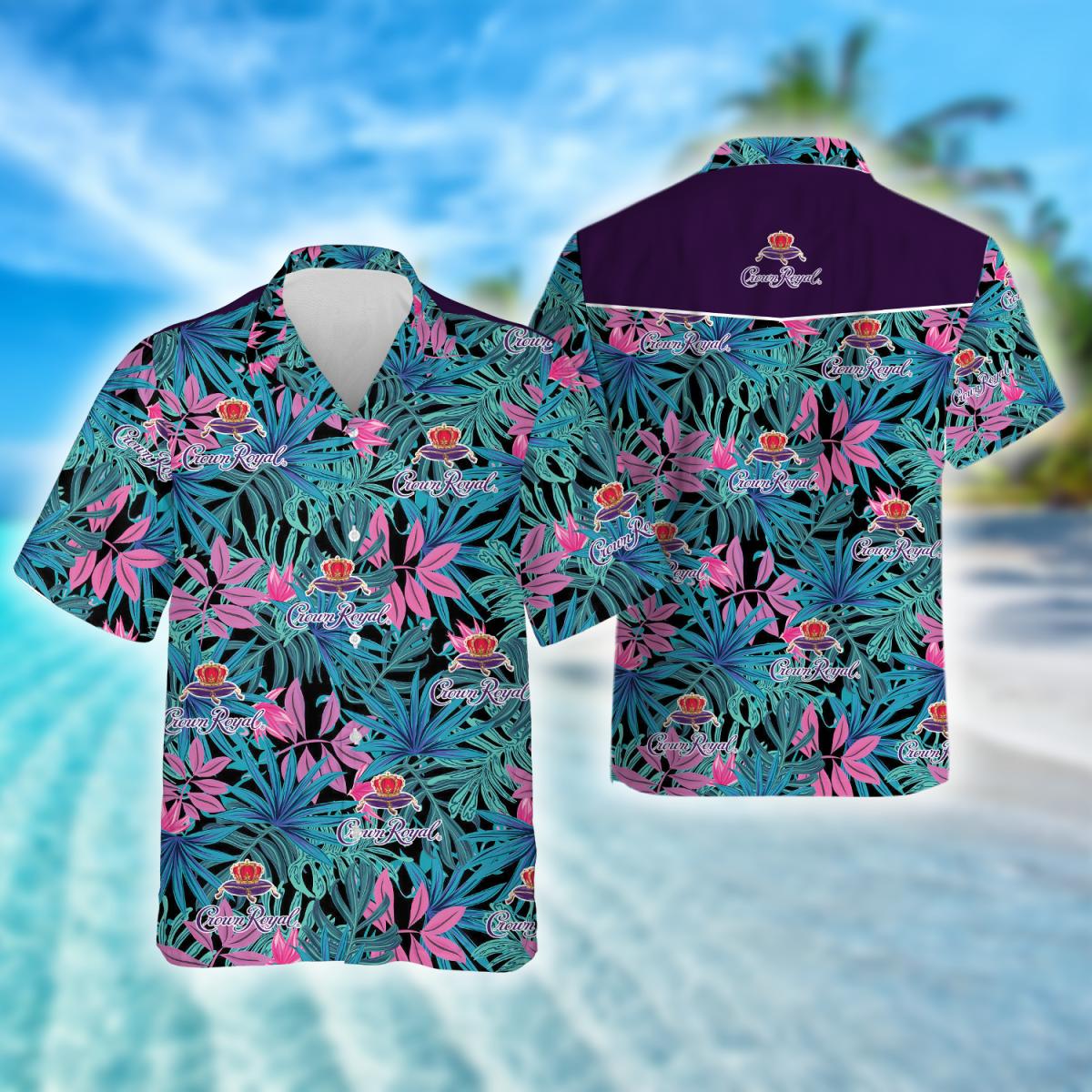 Tropical Leaves Pattern Crown Royal Whisky Hawaiian Shirt, Crown Royal Logo Aloha Summer Beach Shirts, Crown Royal Button Down Hawaiian Shirt