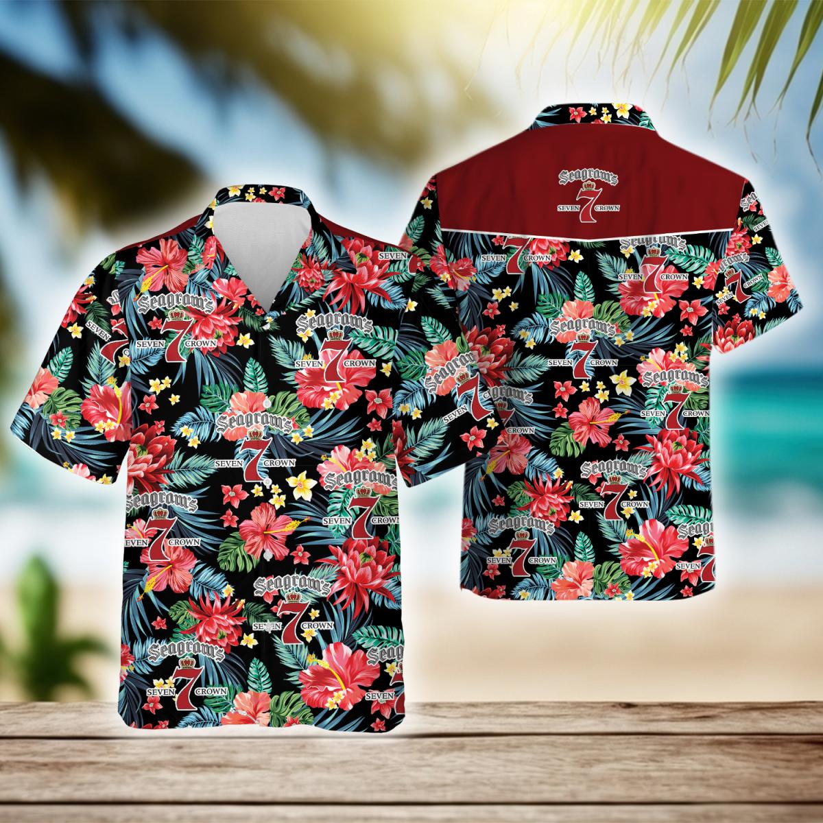 Tropical Floral Seagram's Seven Crown Hawaiian Shirt, Seagram's 7 Crown Logo Aloha Summer Beach Shirts, Seagram's 7 Button Down Hawaiian Shirts
