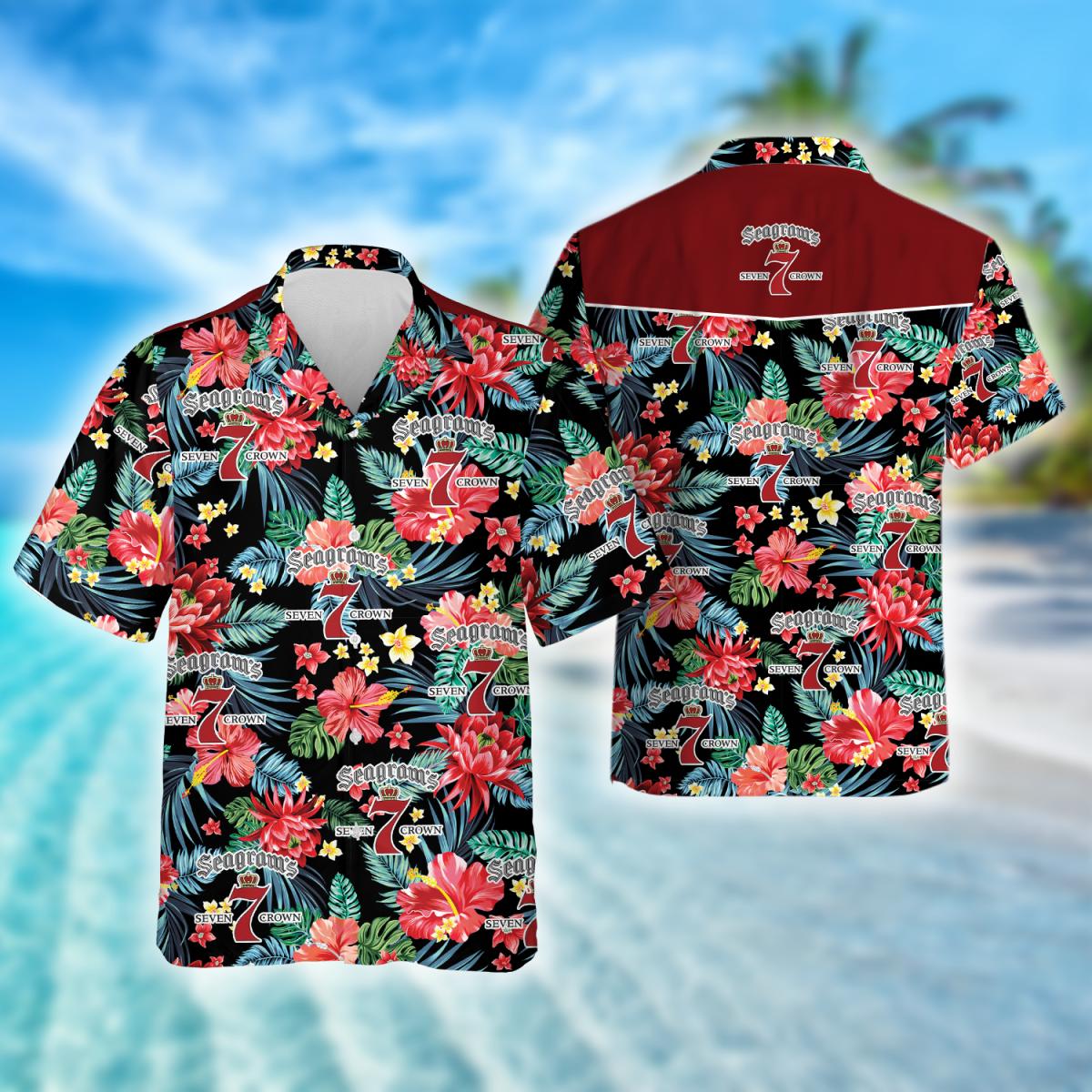 Tropical Floral Seagram's Seven Crown Hawaiian Shirt, Seagram's 7 Crown Logo Aloha Summer Beach Shirts, Seagram's 7 Button Down Hawaiian Shirts
