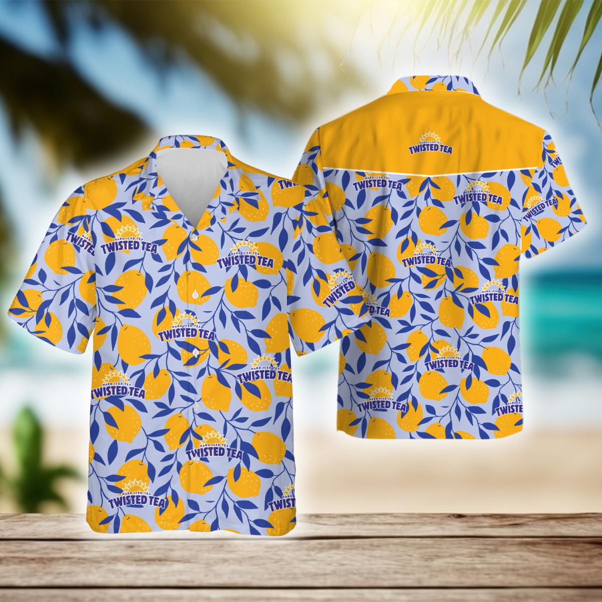 Tropical Lemonade Pattern Twisted Tea Hawaiian Shirt, Twisted Tea Logo Print Aloha Summer Beach Shirts, Twisted Tea Button Down Hawaiian Shirts