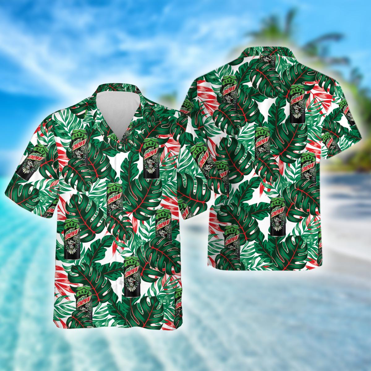 Tropical Leaves Pattern Mountain Dew Hawaiian Shirts, Mountain Dew Drink Aloha Summer Beach Shirts, Hard Mountain Dew Button Down Hawaiian Shirts