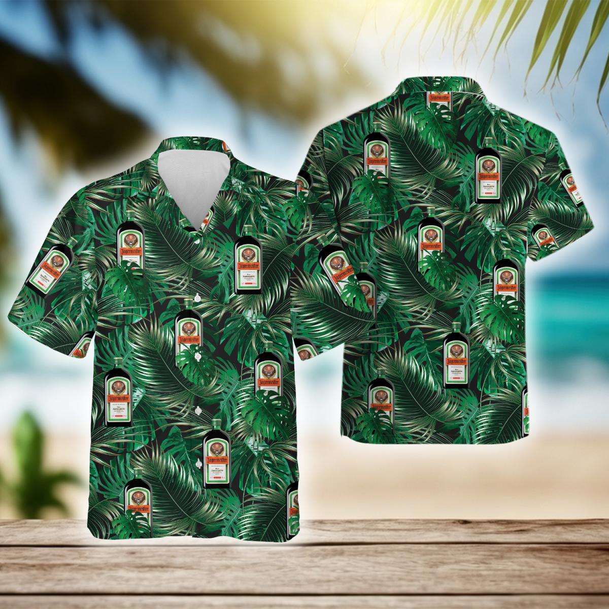 Tropical Palm Leaves Jagermeister Hawaiian Shirt, Jagermeister Liqueur Aloha Summer Beach Shirt, Tropical Jagermeister Button Down Hawaiian Shirt