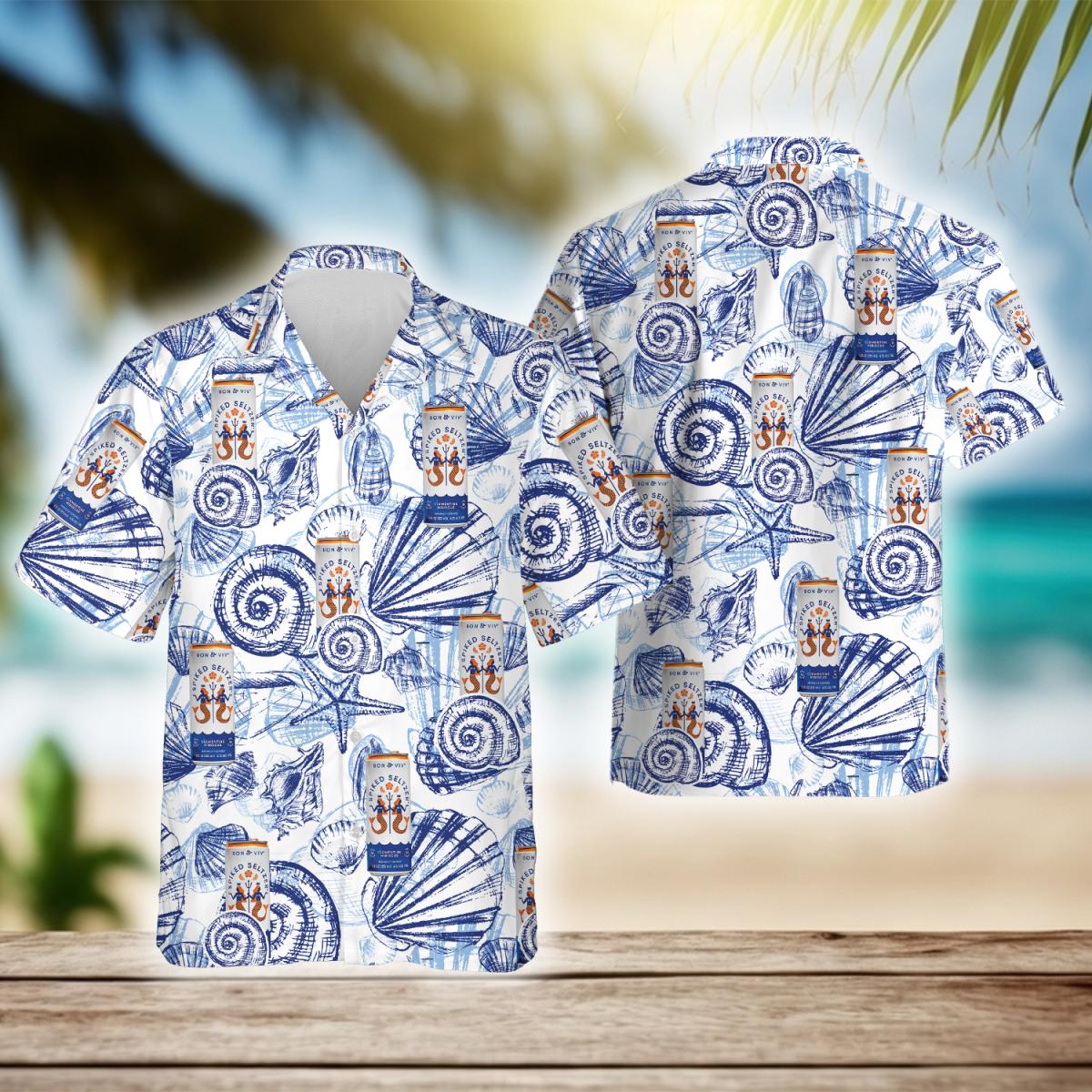 Bon & Viv Spiked Seltzer Vintage Blue Seashells Hawaiian Shirt, Bon & Viv Drink Aloha Summer Beach Shirt, Bon & Viv Spiked Seltzer Hawaiian Shirt