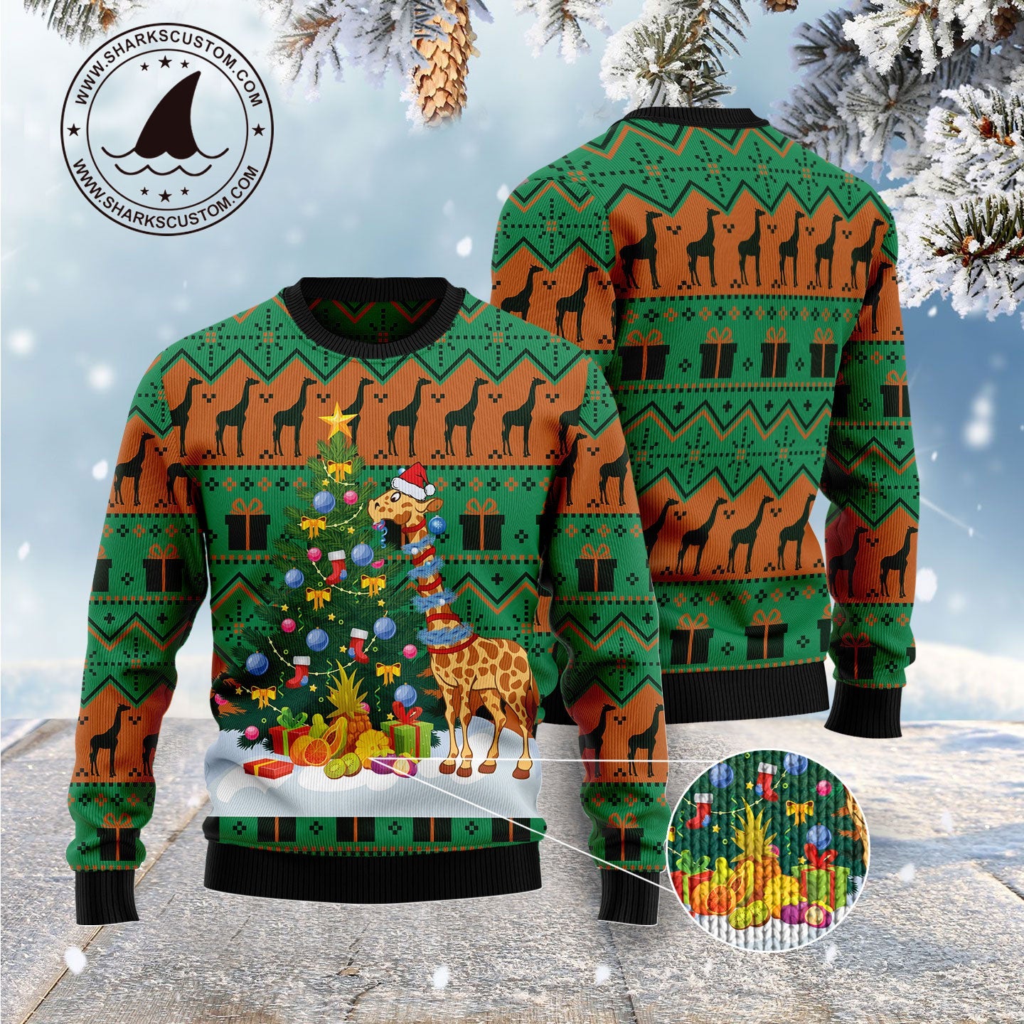 Christmas Tree With Giraffe Ugly Christmas Sweater, Christmas Giraffe All-over Printed Ugly Sweater, Giraffe Xmas Crewneck Knitted Ugly Sweater