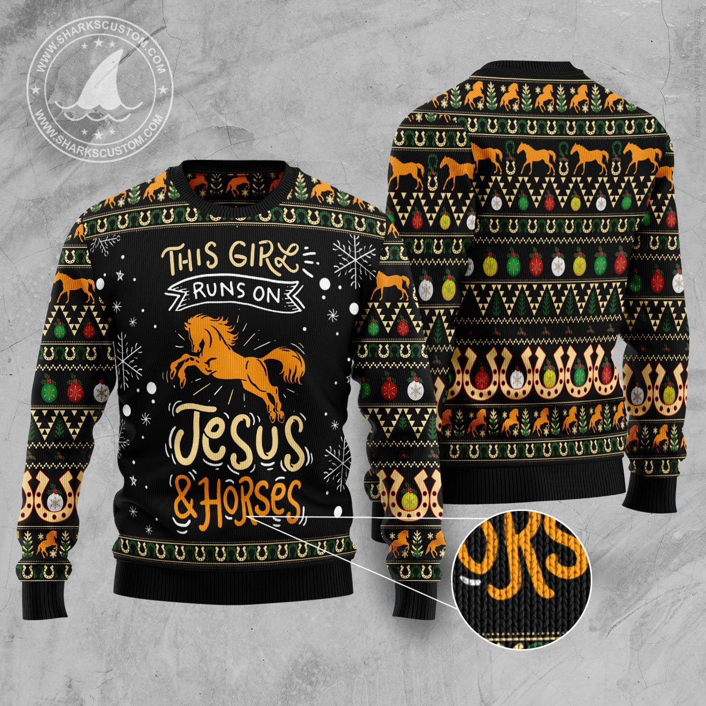 This Girl Runs On Jesus & Horses Ugly Christmas Sweater, Horse Christmas Pattern Aop Ugly Sweater, Horse Lover Xmas Crewneck Knitted Ugly Sweater