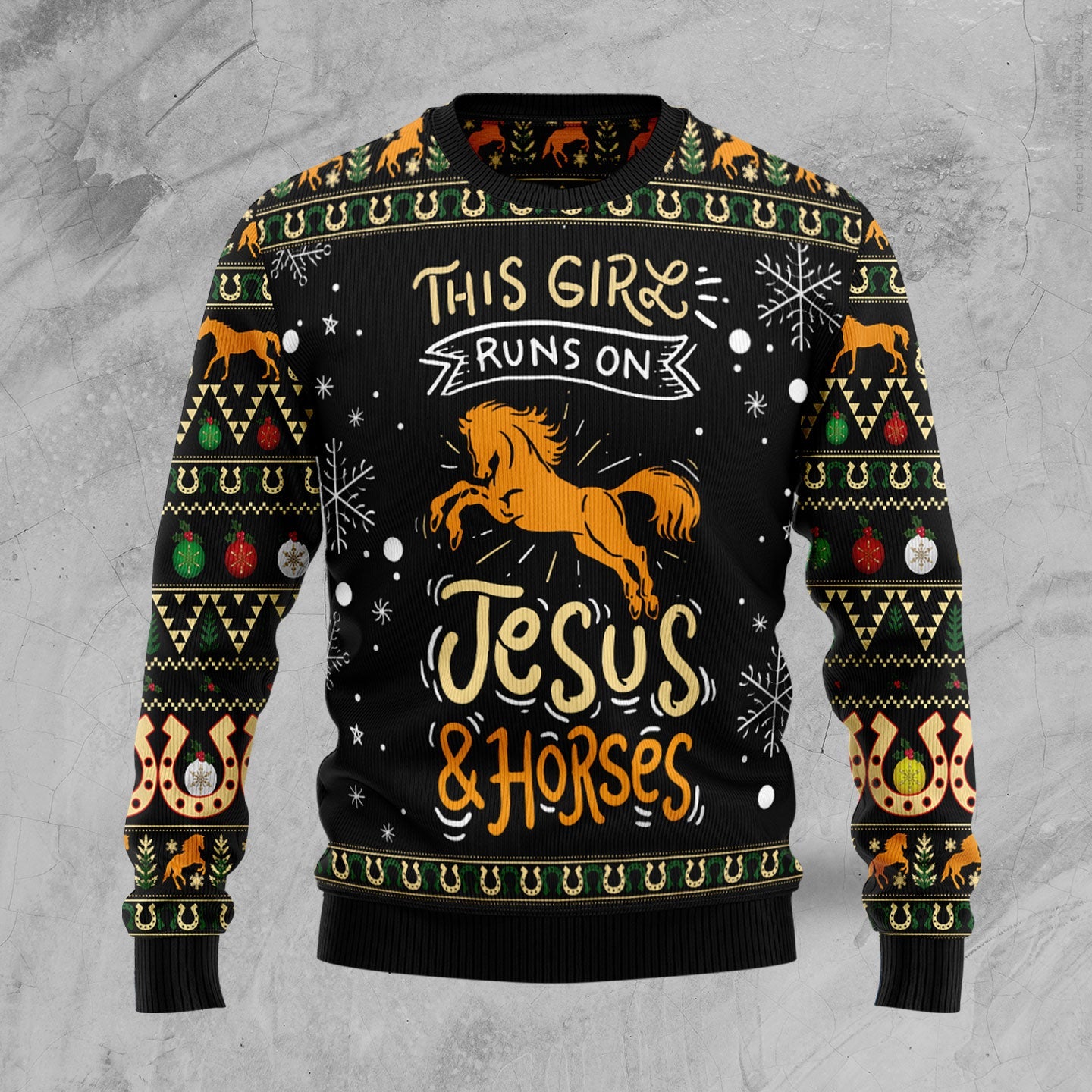 This Girl Runs On Jesus & Horses Ugly Christmas Sweater, Horse Christmas Pattern Aop Ugly Sweater, Horse Lover Xmas Crewneck Knitted Ugly Sweater