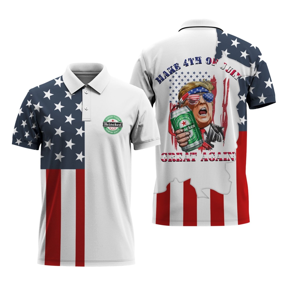 Heineken Donald Trump American Flag Polo Shirt, 4th Of July Heineken Beer 3d Golf Polo Shirt, Us Flag Heineken Beer Men's Short Sleeve Polo Shirt